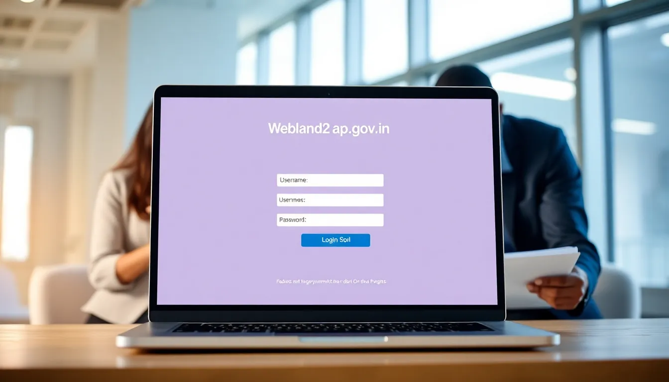 showcasing Webland2 login page with users in a professional office.