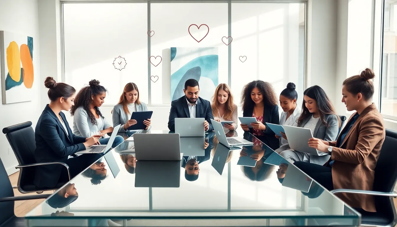 diverse group discussing connections in a modern office setting.
