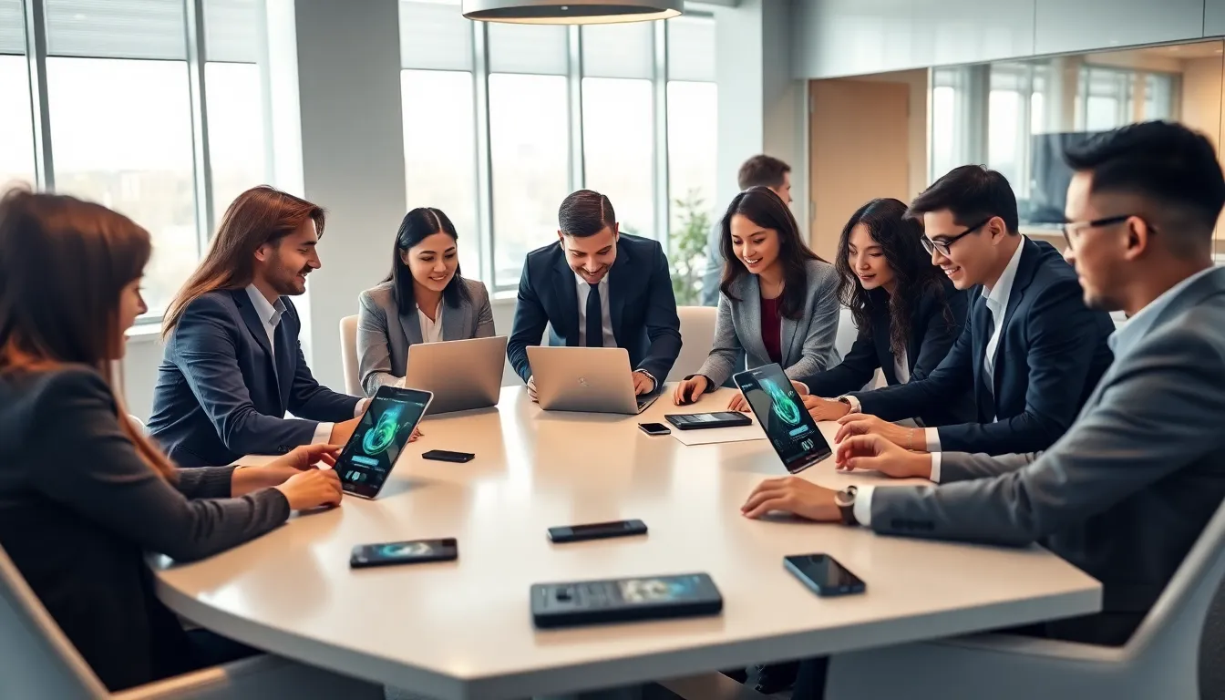 diverse team discussing consumer electronics in a modern office.