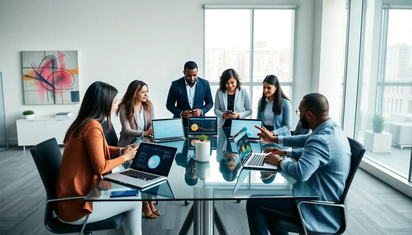 diverse professionals collaborating in a modern office environment.