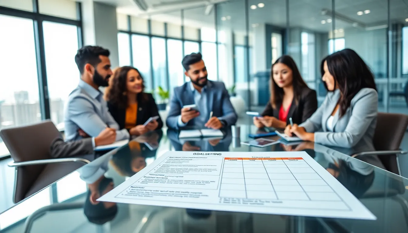 diverse professionals collaborating on goal setting in a modern office.