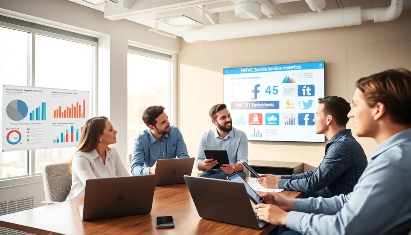 Diverse team discussing HVAC social media marketing strategies in a modern office.