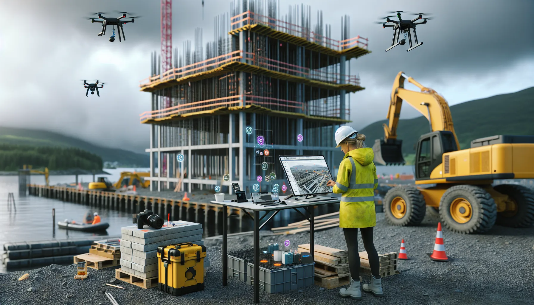 Hvordan bruke ai og maskinlæring i byggebransjen 2 Norwegian site engineer reviews bim and drone data on a construction tablet.