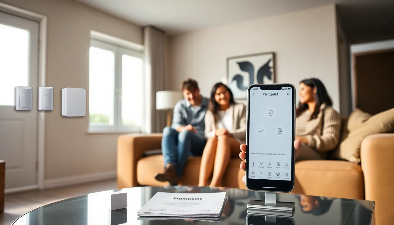 diverse family discussing a Frontpoint home alarm in a modern living room.