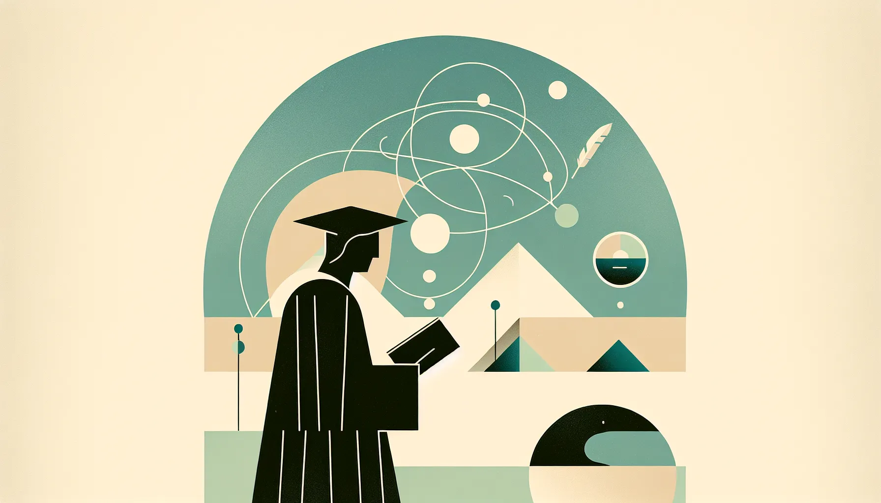 Renaissance scholar holding book with pastoral symbols in minimalist style