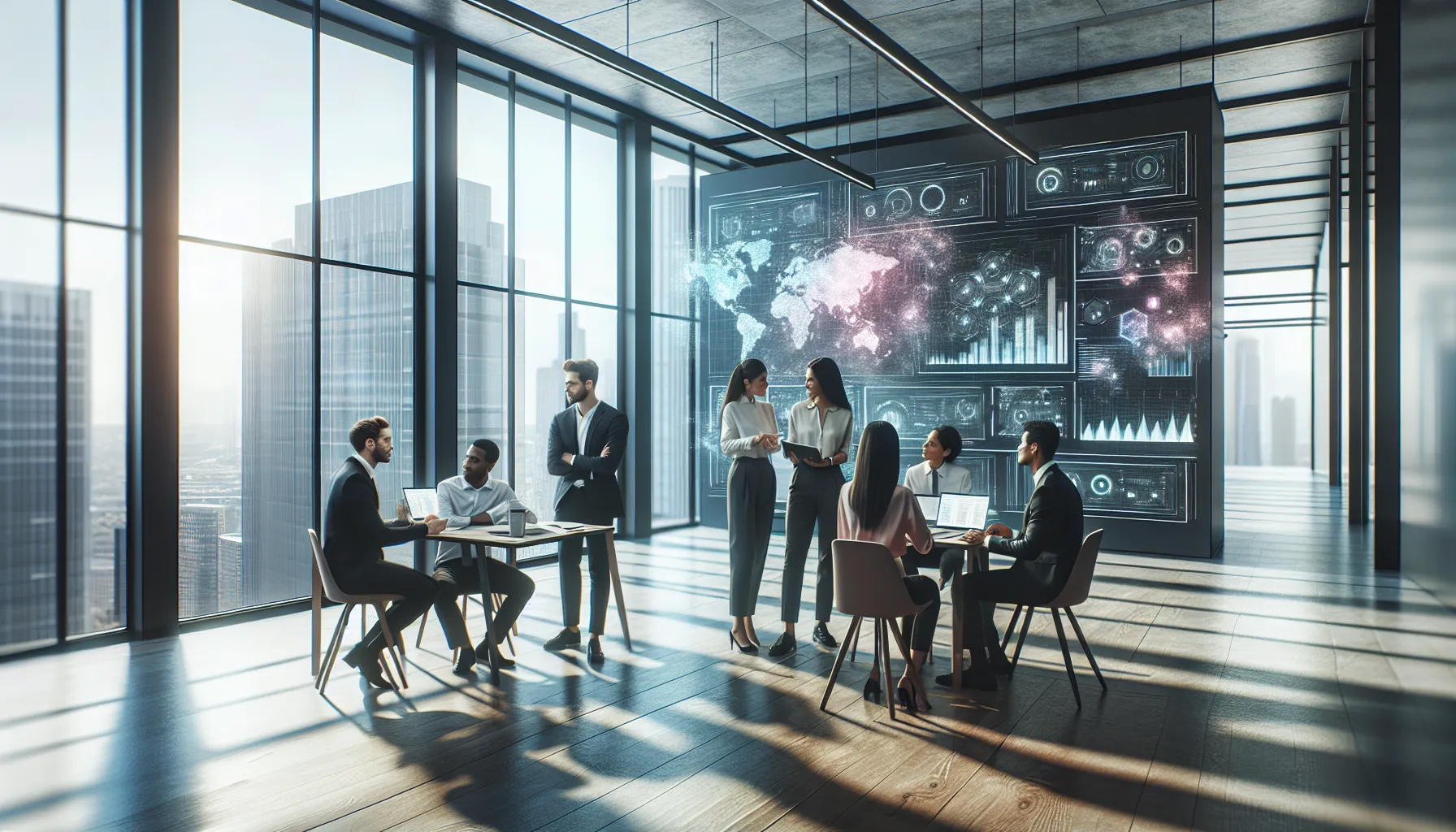 diverse professionals discussing data analytics in a modern office.