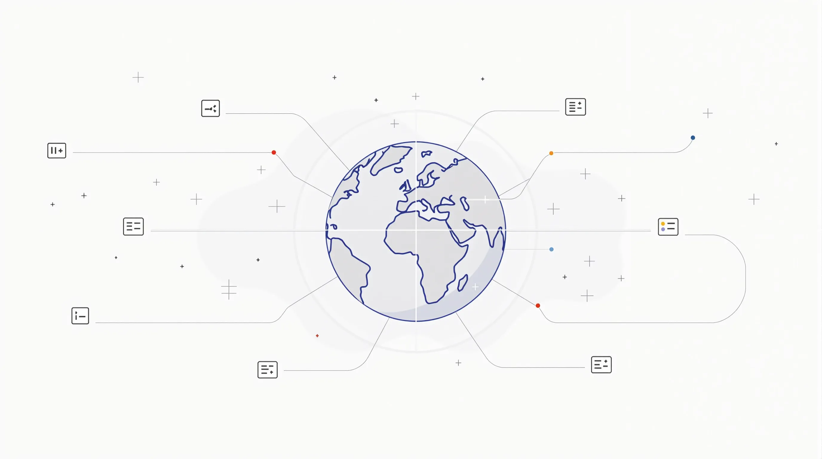 Minimal globe with distributed server nodes connected by clean lines on white background.
