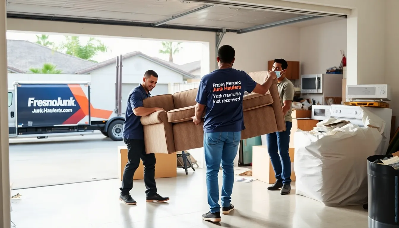 diverse team removing junk from a garage with a branded truck.