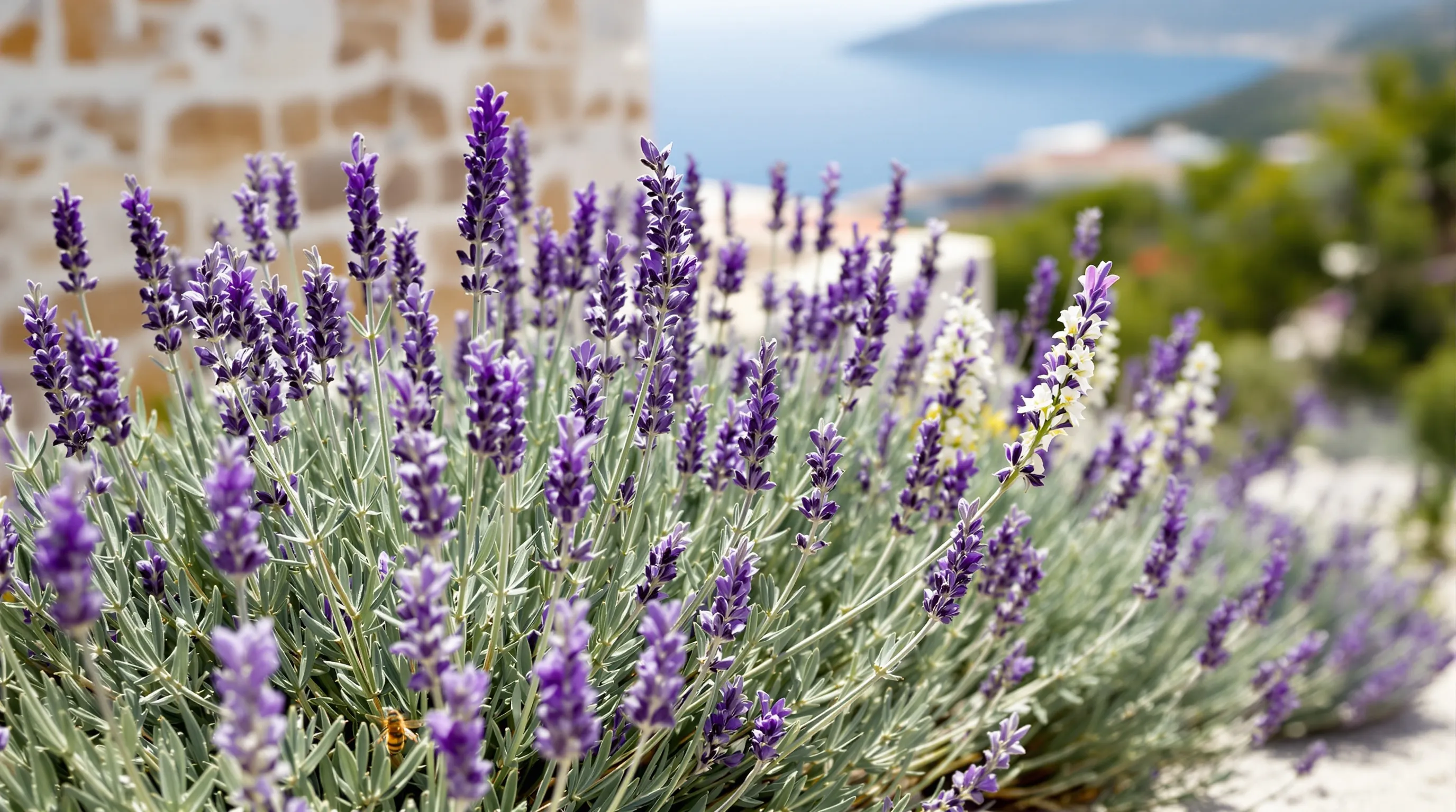 Labeled lavender varieties on Hvar with rocky soil and Adriatic backdrop.