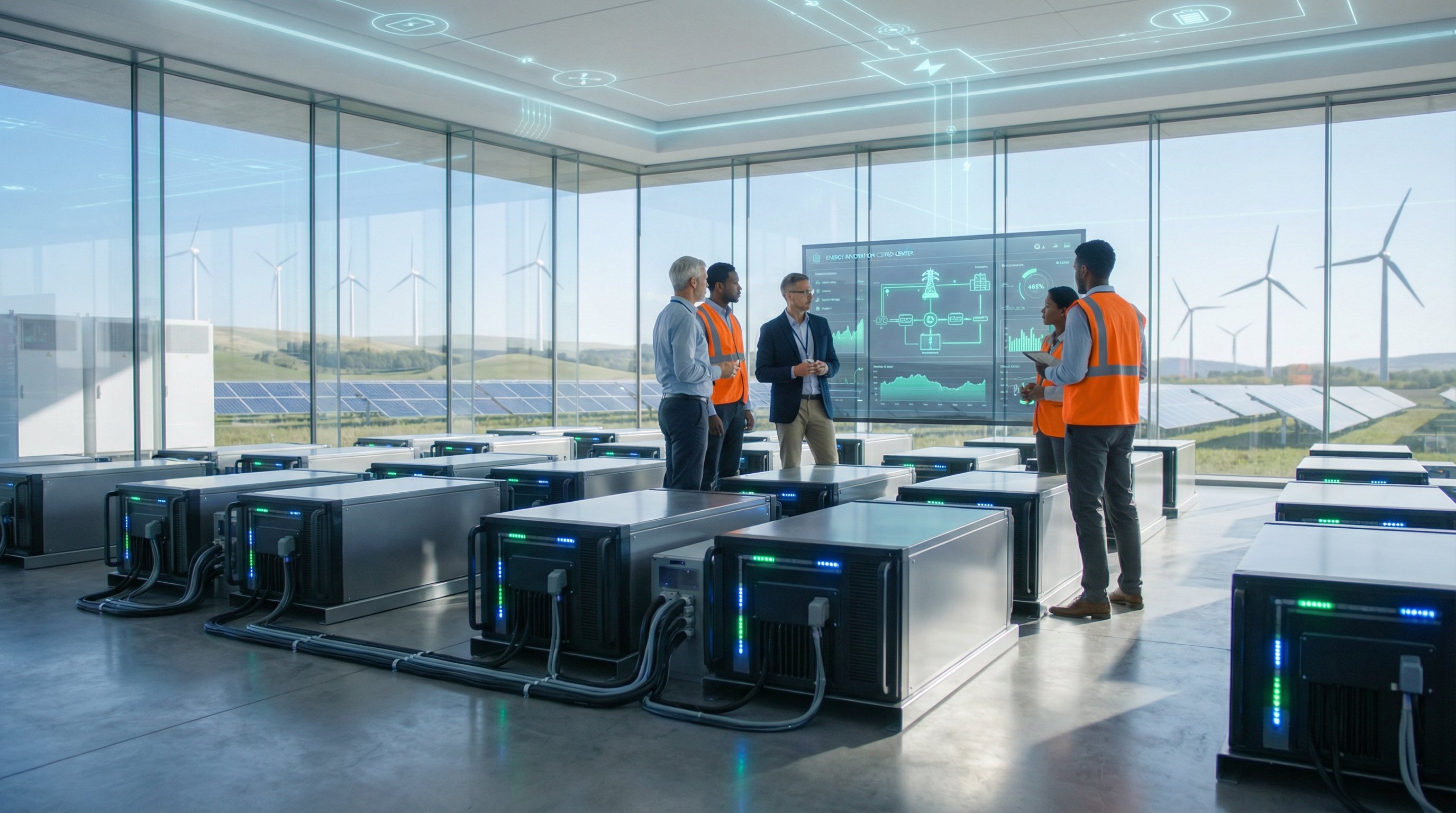 Engineers collaborating near industrial battery storage systems with solar panels and wind turbines visible outside.