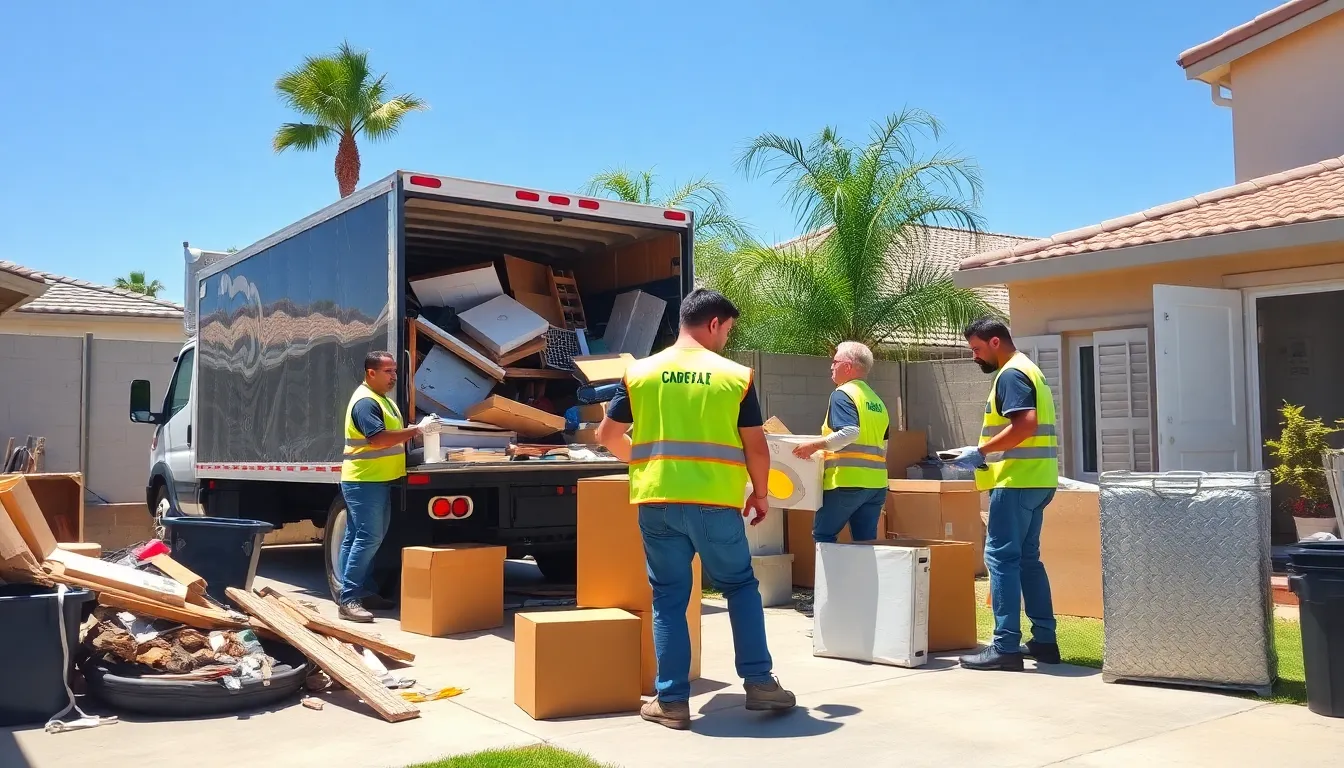 diverse team of junk haulers working in a sunny backyard.