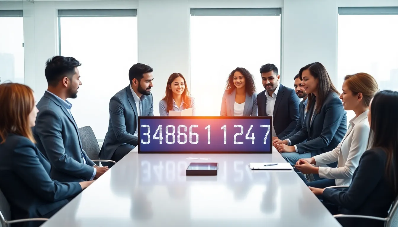 diverse team discussing a significant number in a modern office.