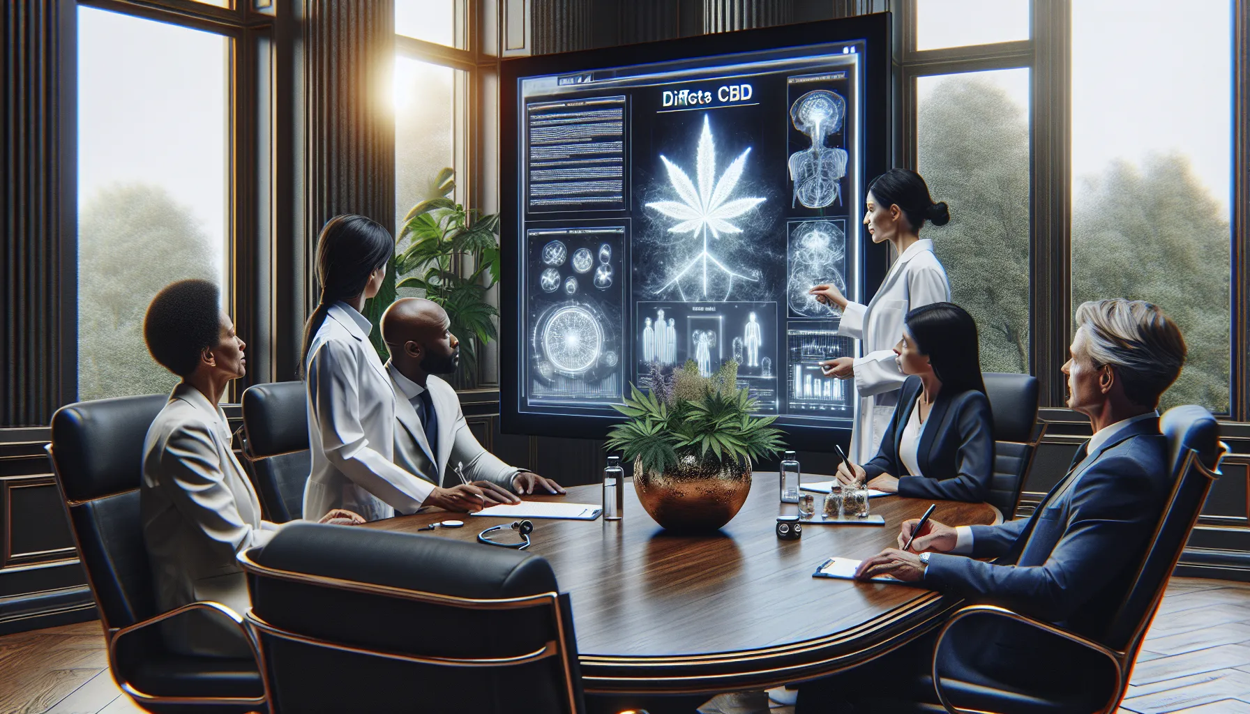 diverse professionals discussing CBD safety and side effects in a modern office.