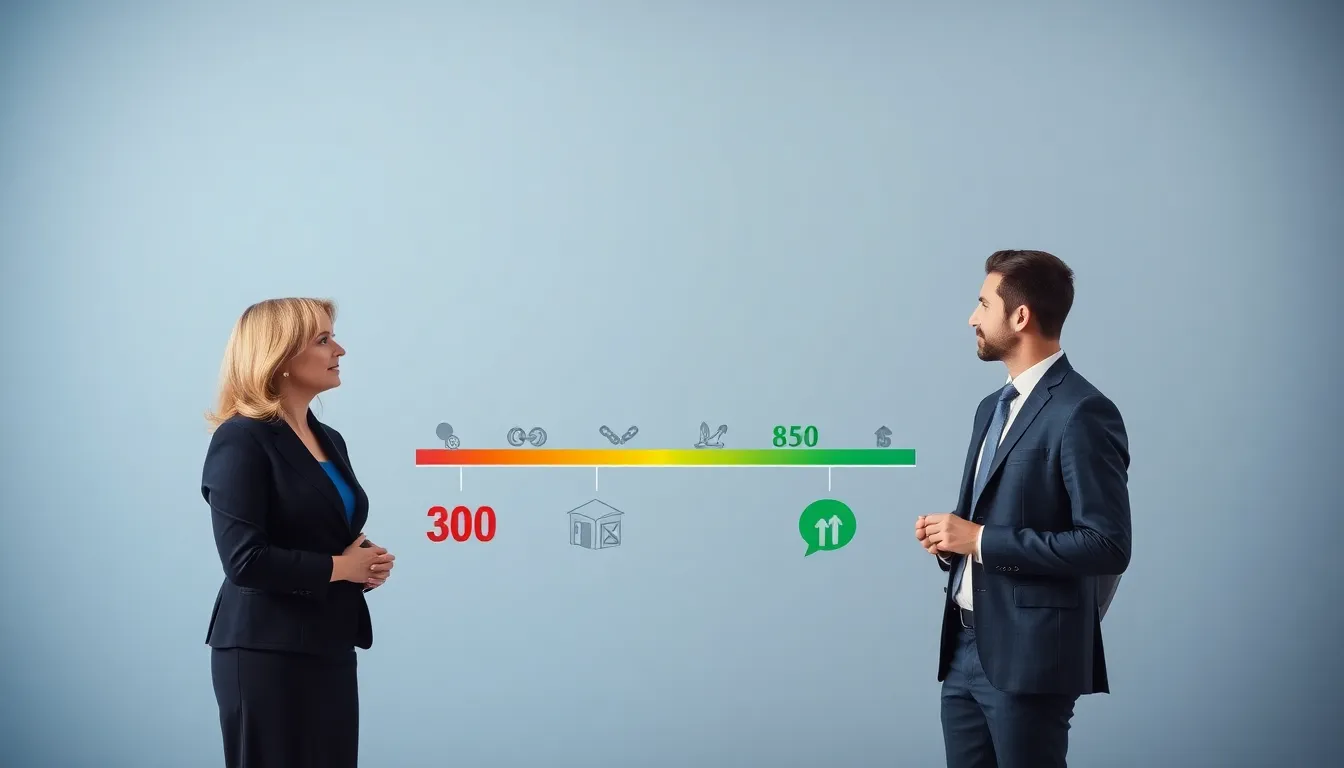 infographic showing credit score range with professionals discussing it.
