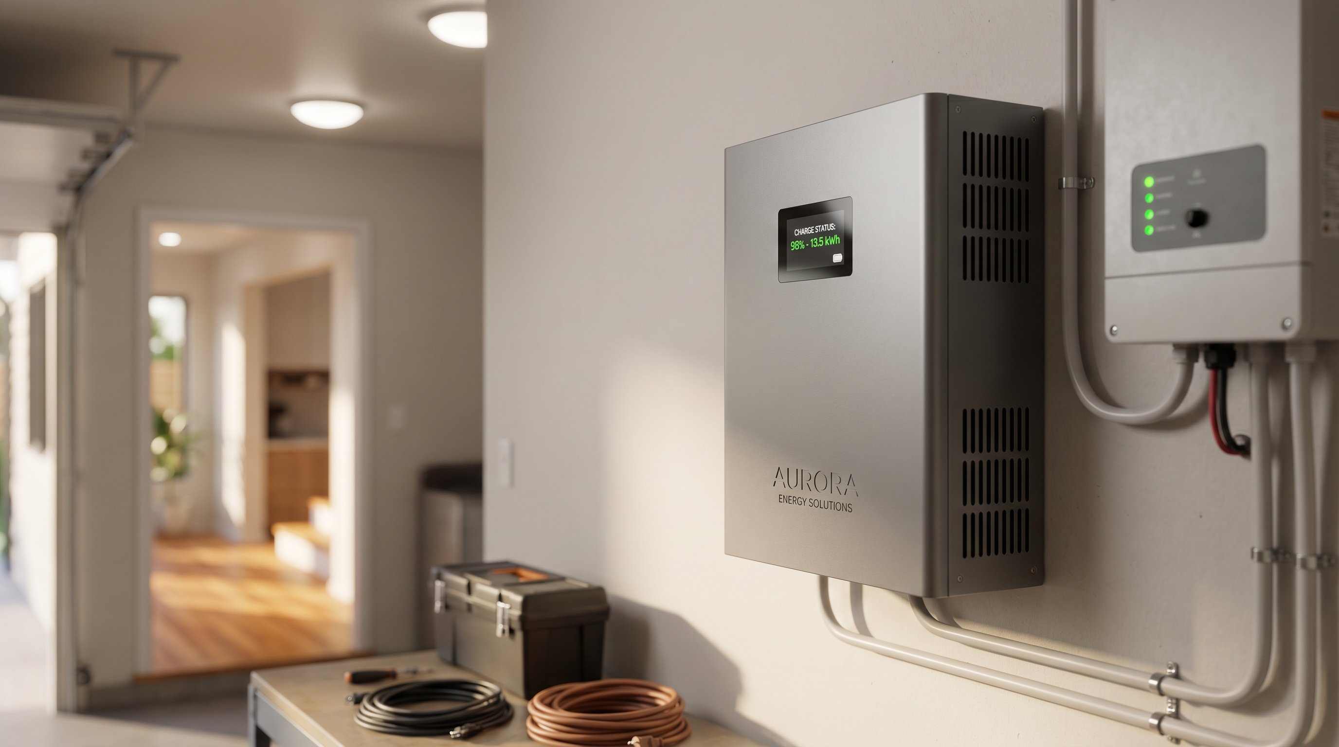 Modern lithium battery unit mounted in a residential garage with solar inverter.