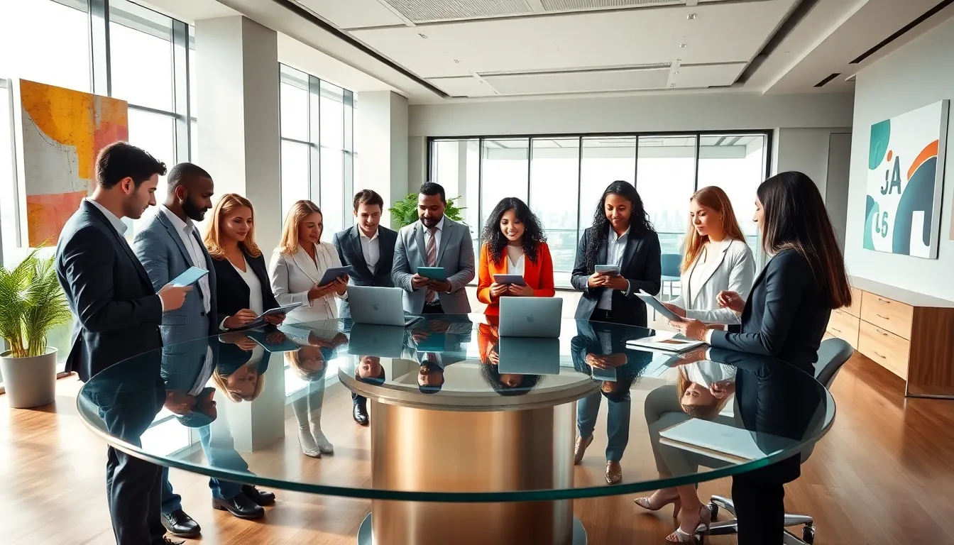 diverse team brainstorming in a modern office setting.