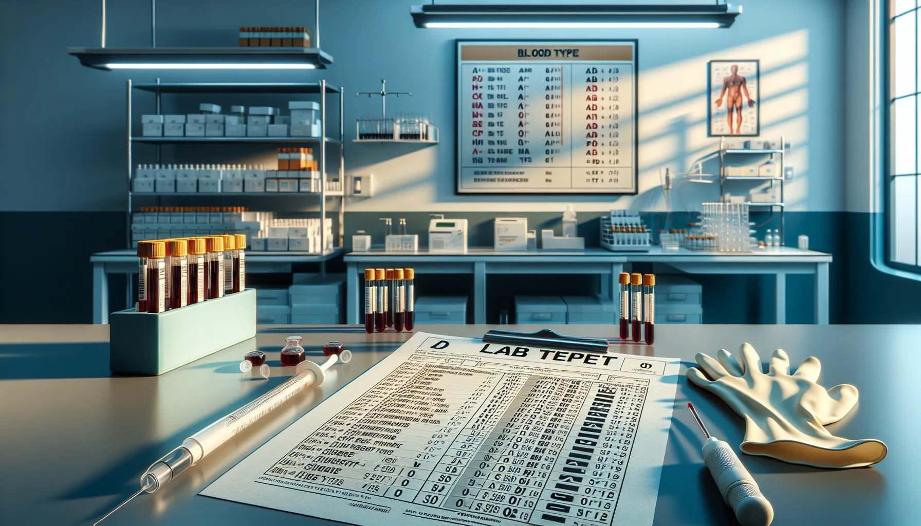 a lab report showing different blood types and explanatory tools on a desk.