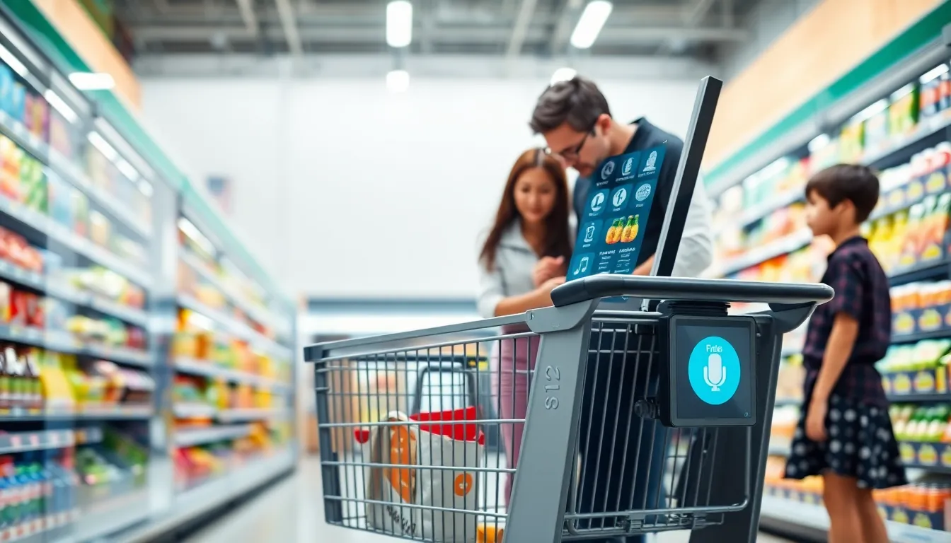 modern smart shopping cart in a grocery store aisle.
