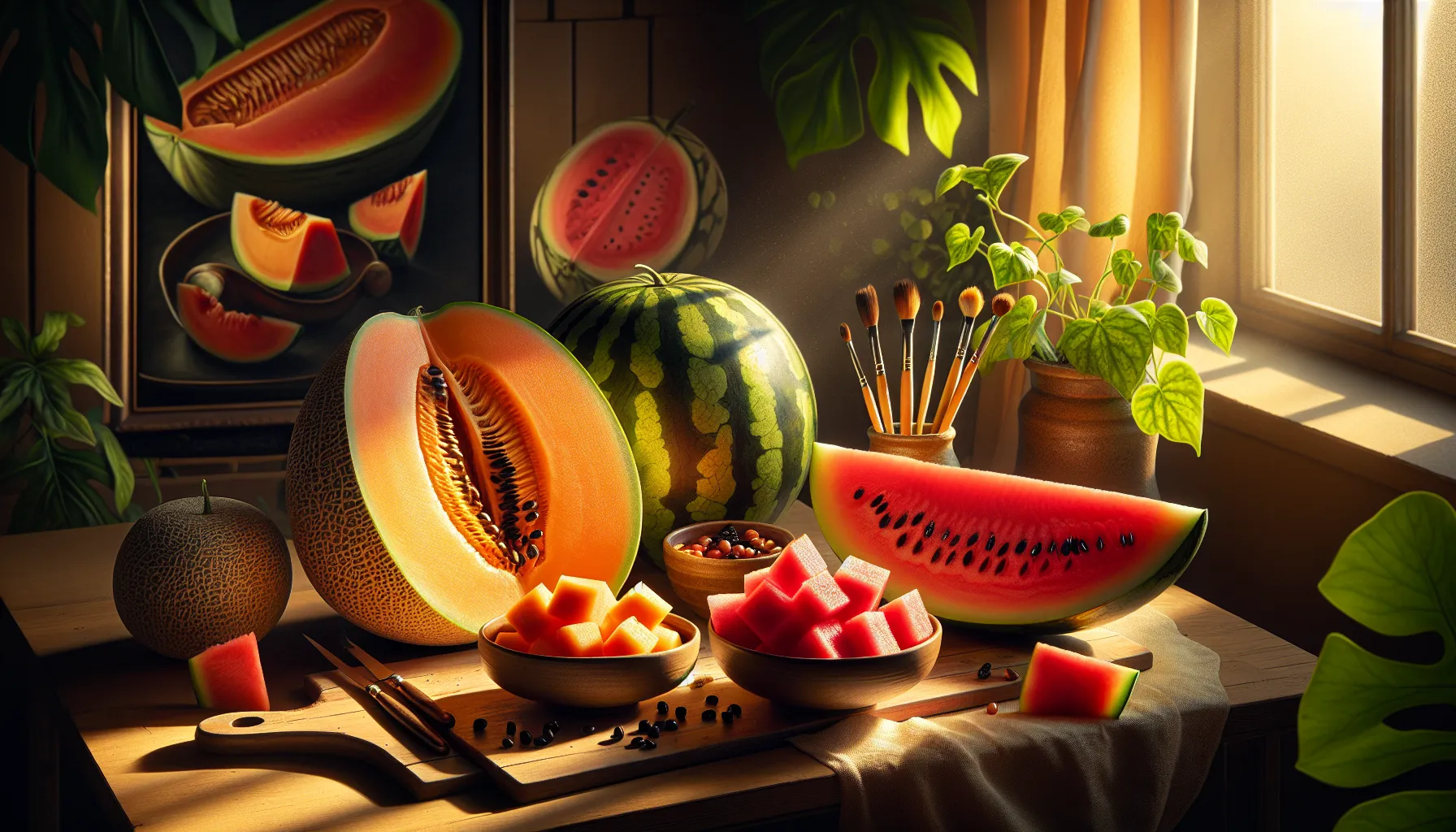 Halved cantaloupe and sliced watermelon on a kitchen counter with sunlight.