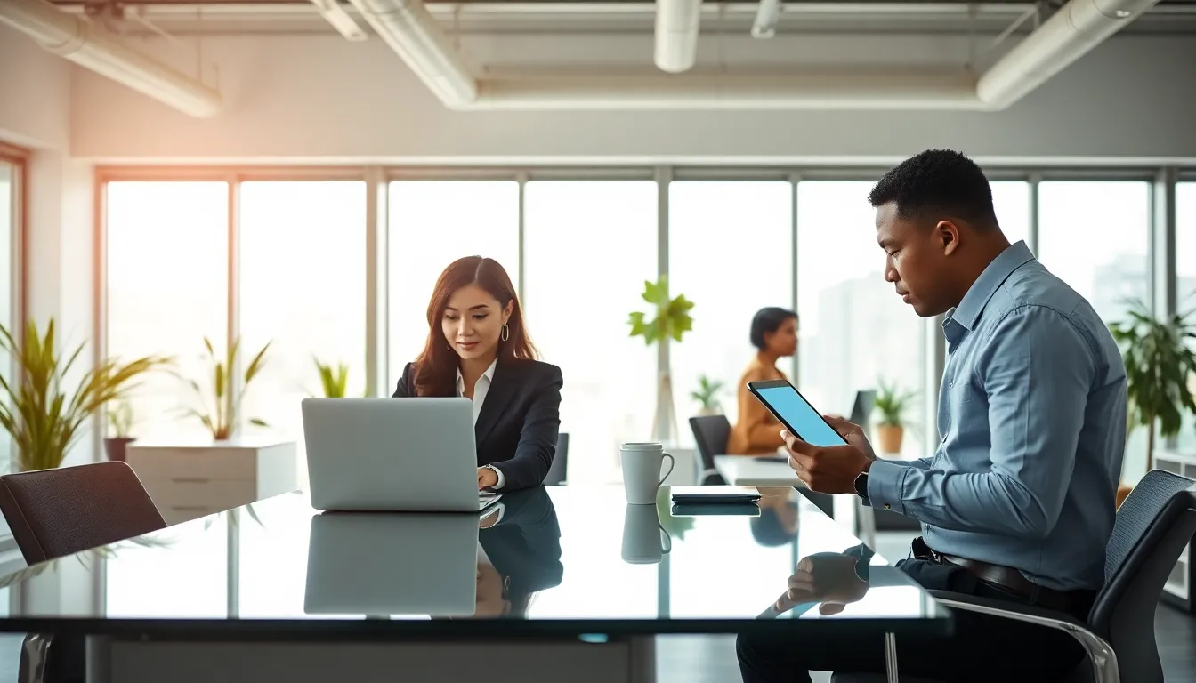 professionals collaborating in a modern office using email communication.