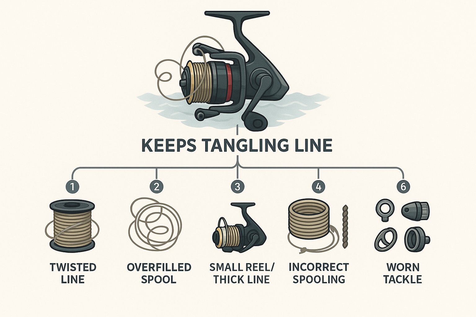 Infographic showing six common causes of spinning reel line tangles.