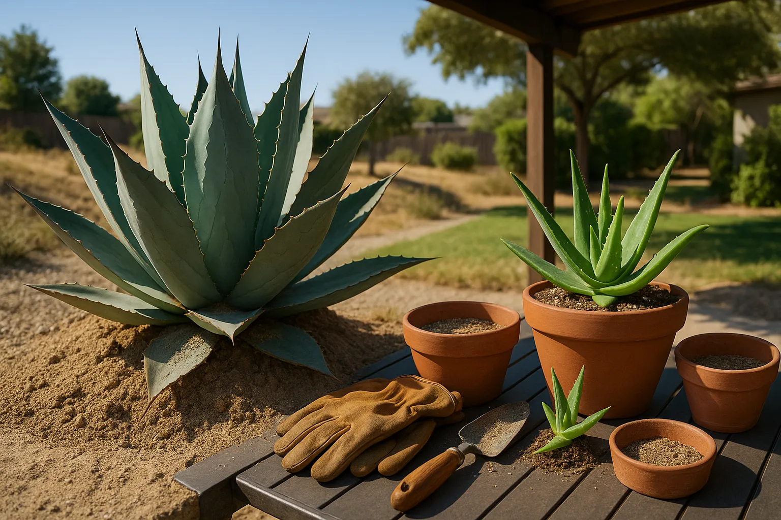 Outdoor agave on a gravel mound beside a potted aloe being repotted with gloves.