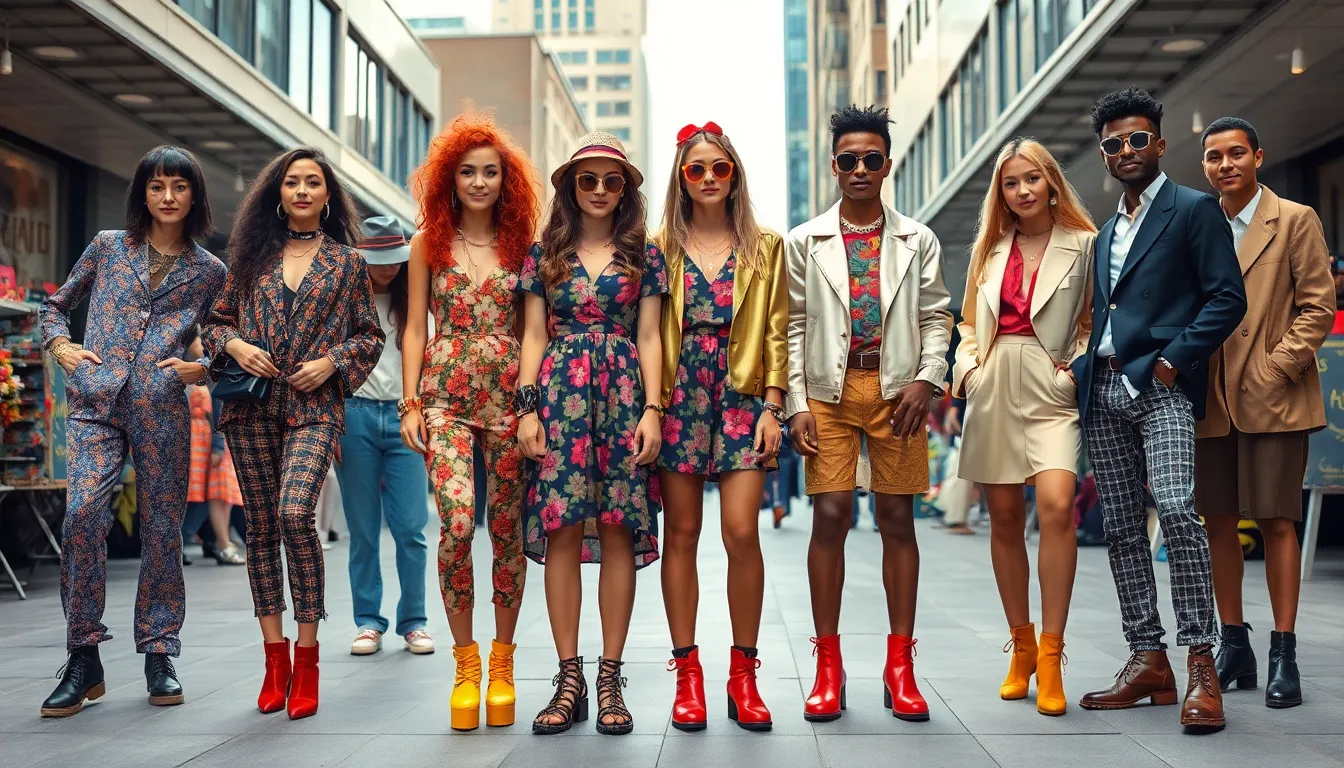diverse group showcasing ashhhunique fashion in an urban setting.
