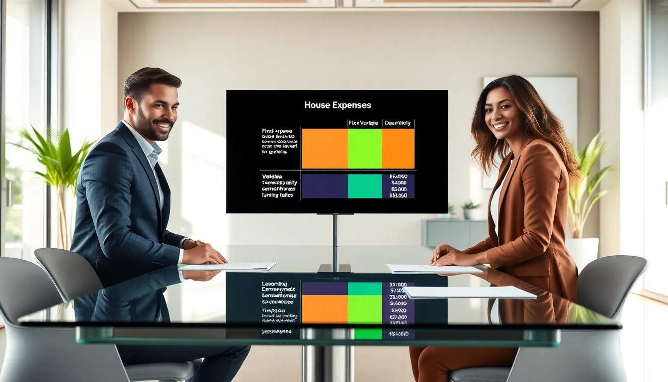 professionals discussing house expenses in a modern office setting.