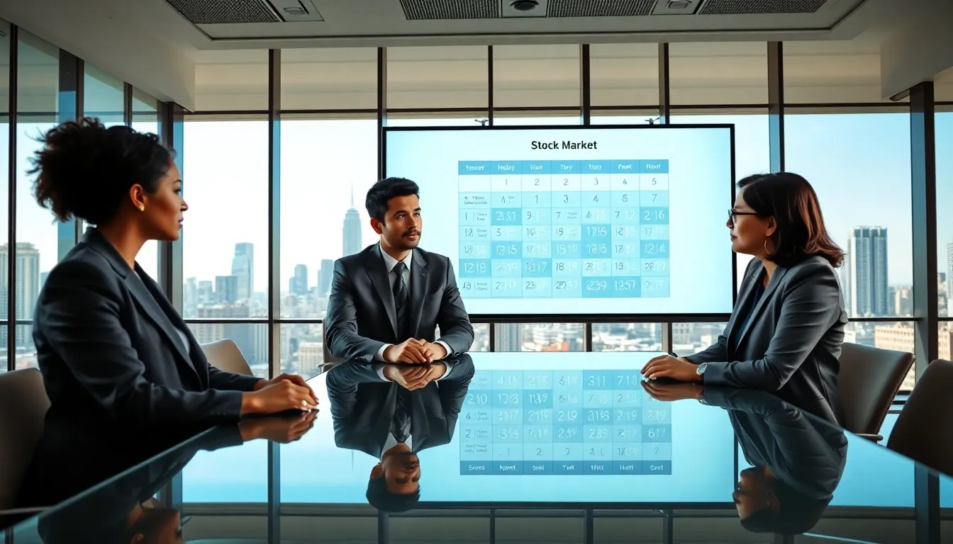 diverse finance professionals discussing stock market holidays in a modern office.