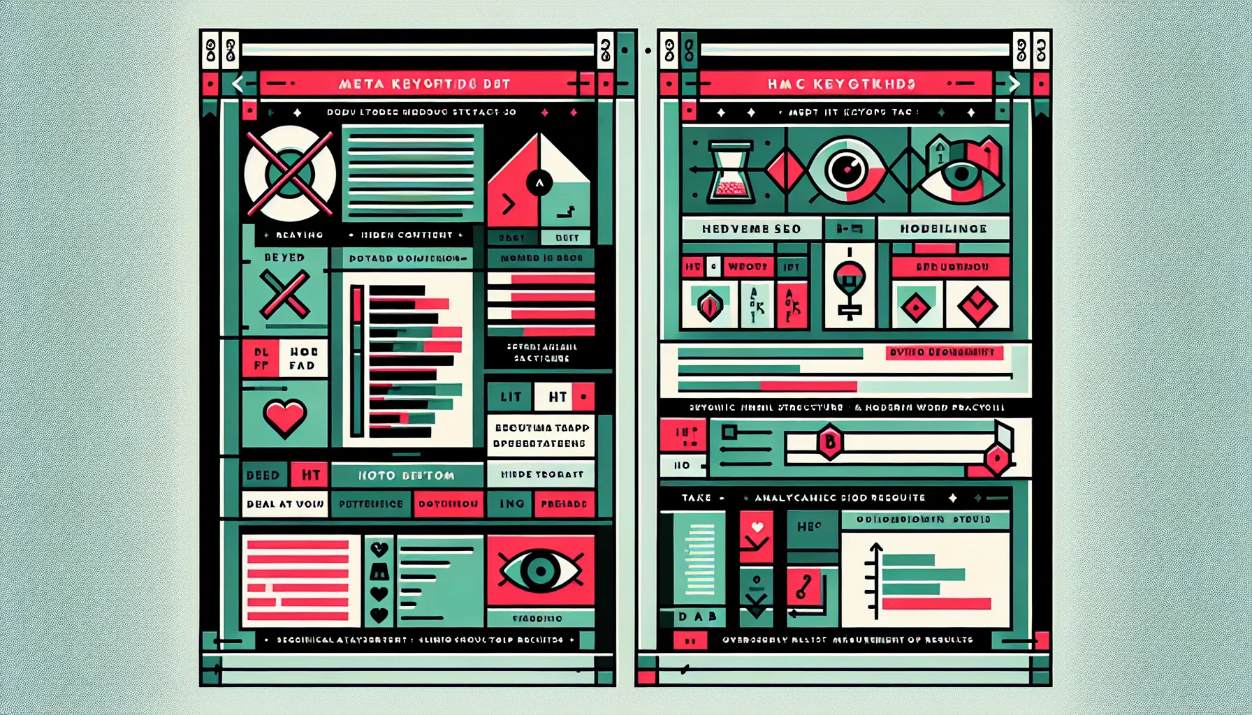 Comparison showing outdated HTML keyword tricks versus modern, user-first SEO practices.