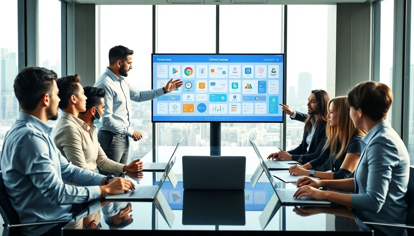 diverse team discussing software apps in a modern office