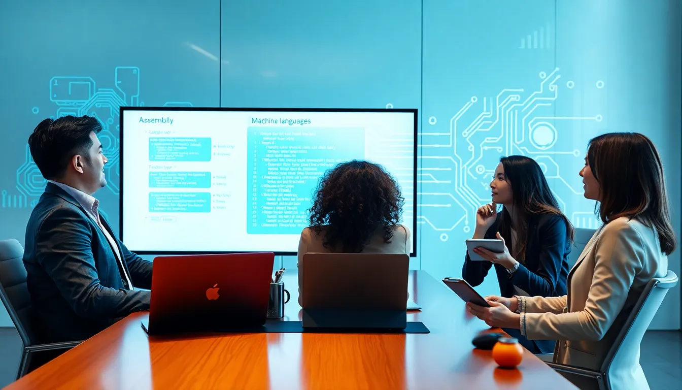 professionals discussing early programming languages in a modern office.