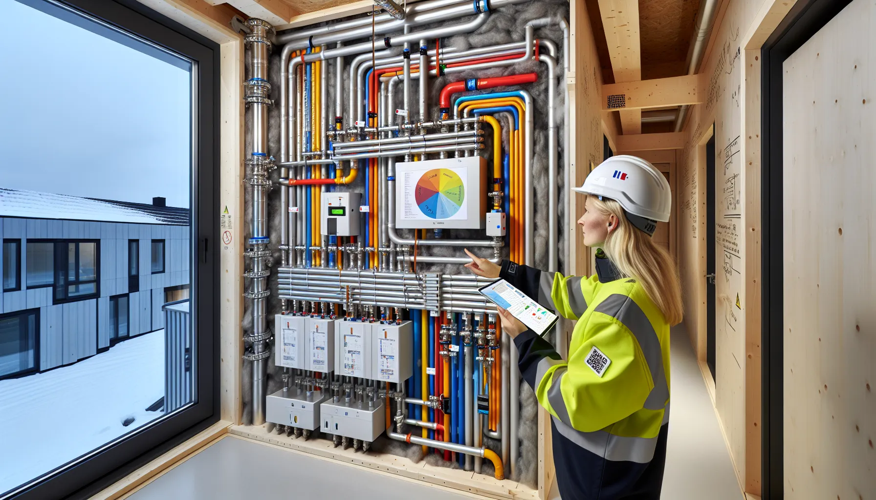 Engineer inspects insulated, labeled pipe manifold with epd data in norwegian new-build.