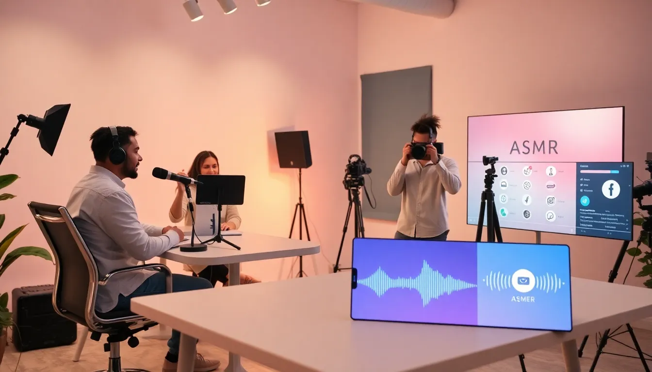 diverse group creating ASMR content in a modern workspace.