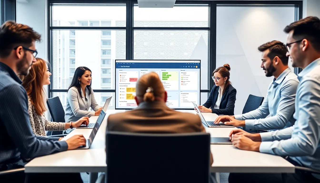 diverse team collaborating in a modern office around Fumbleboard interface.