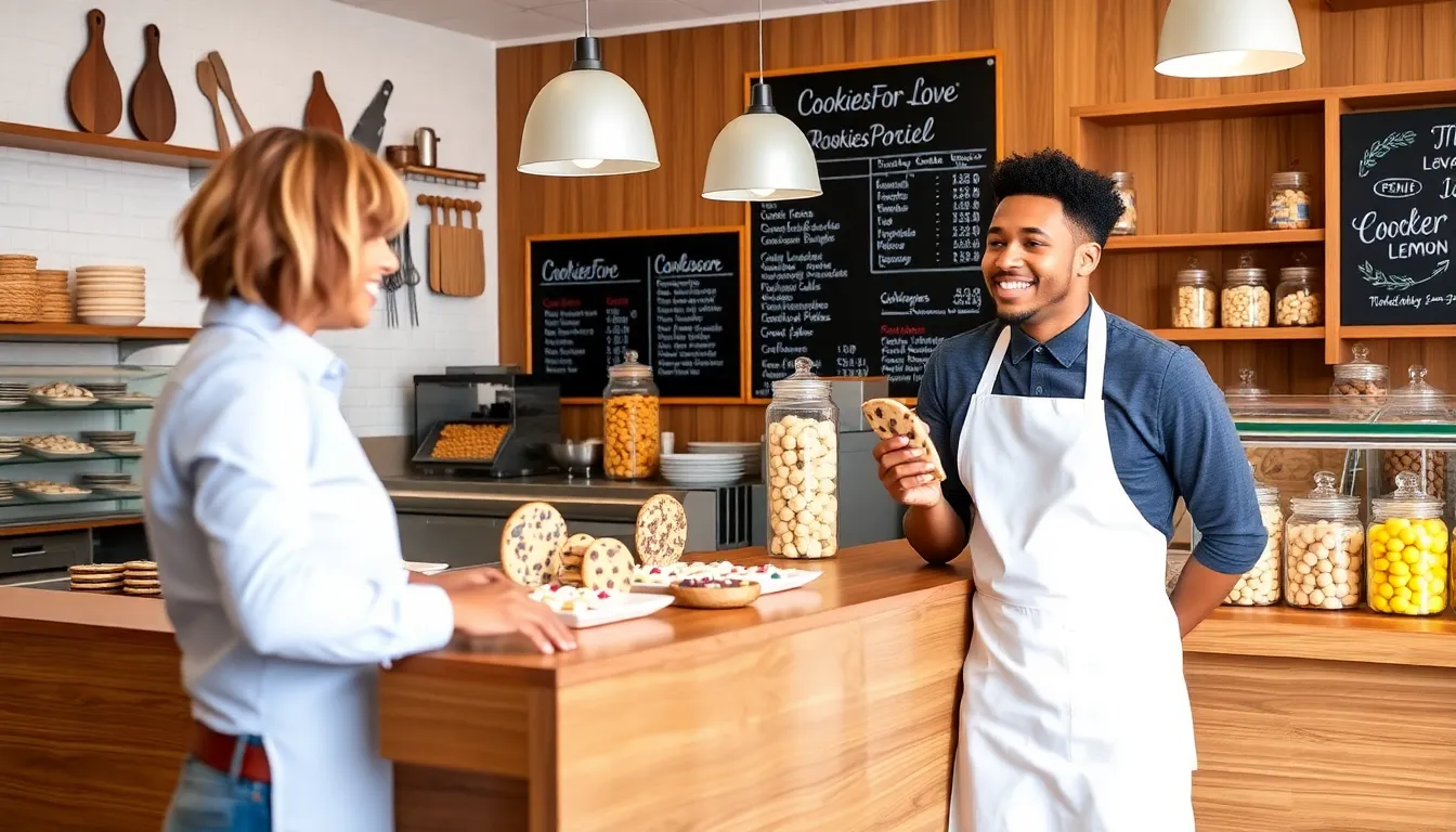 diverse baker serving cookies in a charming bakery.