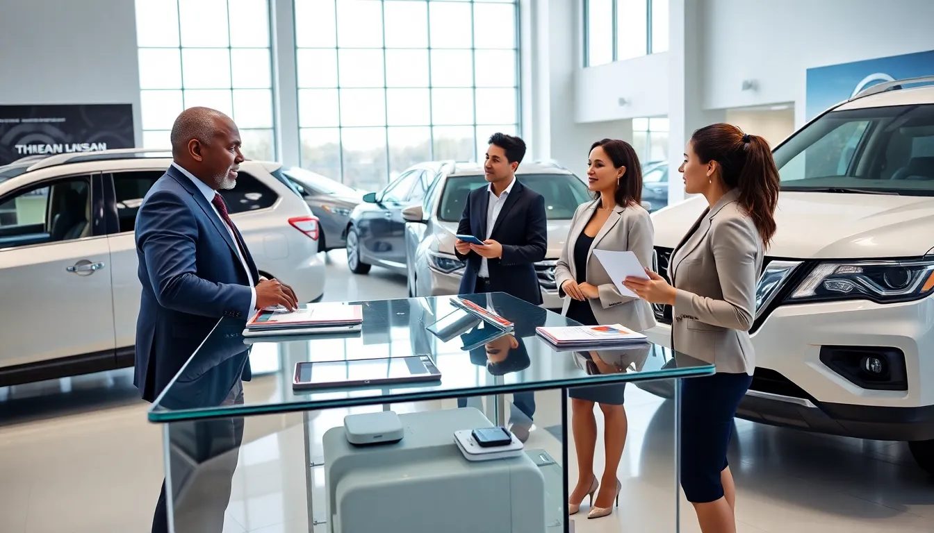 professionals discussing Pathfinder lease deals in a modern dealership.