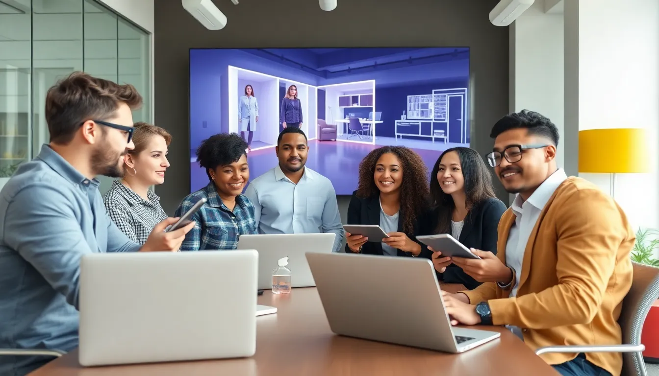diverse team of developers collaborating in a modern office on AR projects.