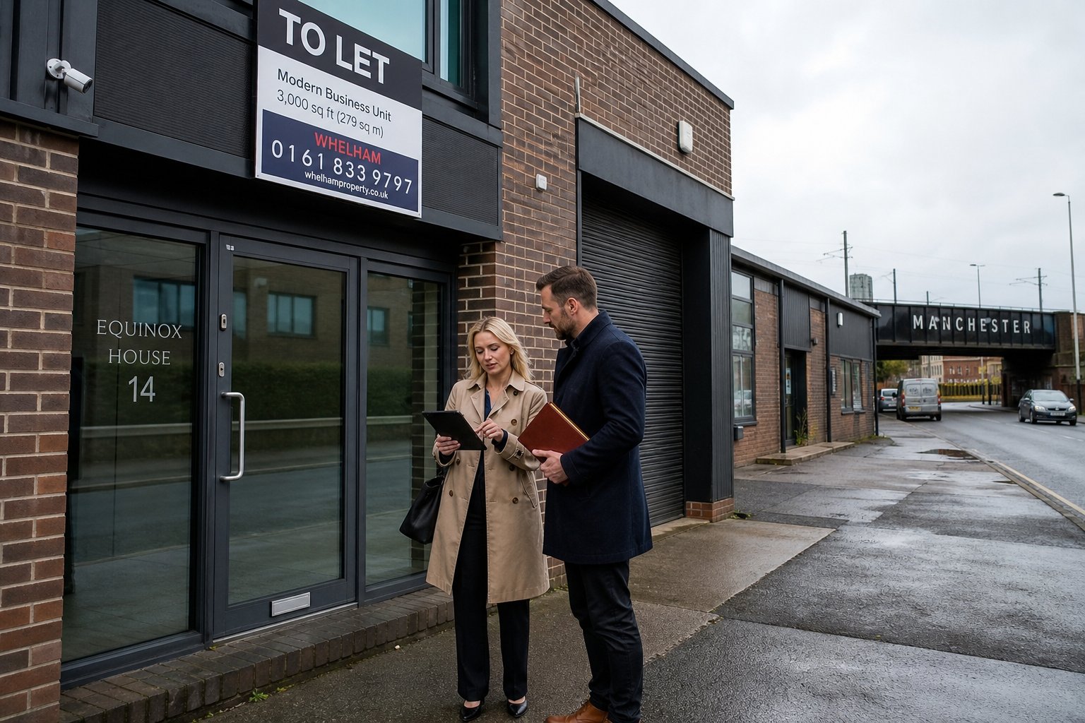 Two professionals outside a commercial property in Manchester reviewing details on a tablet.