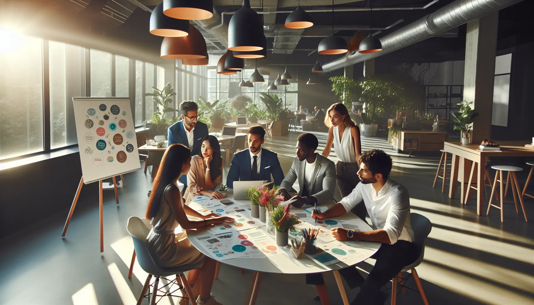 diverse team discussing partnerships with local businesses in a modern office.