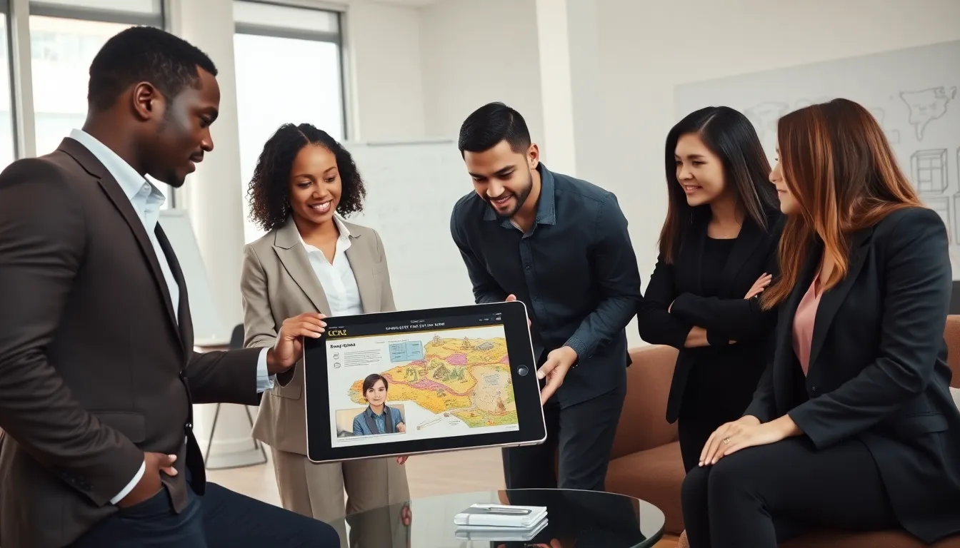diverse team discussing strategy guides in a modern office.