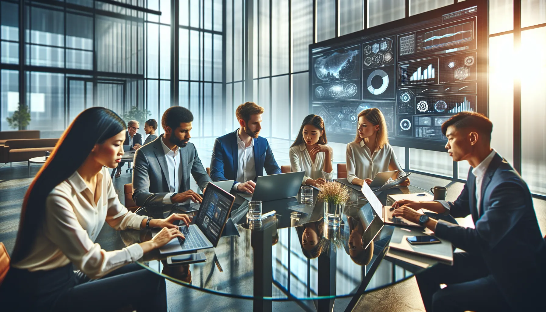 diverse professionals collaborating in a modern office setting.