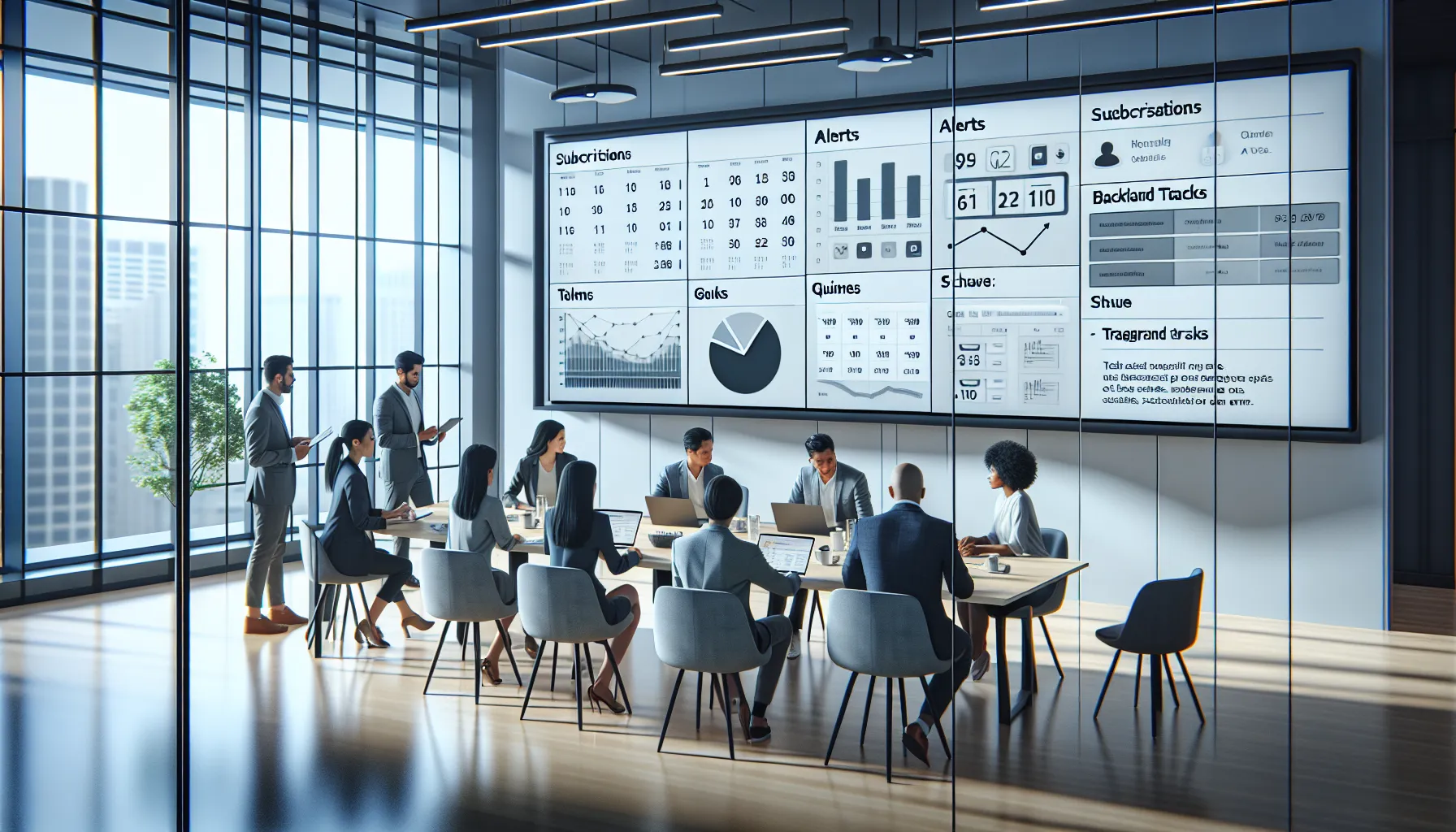 Data professionals reviewing Tableau subscription schedules and alerts on a large office display.