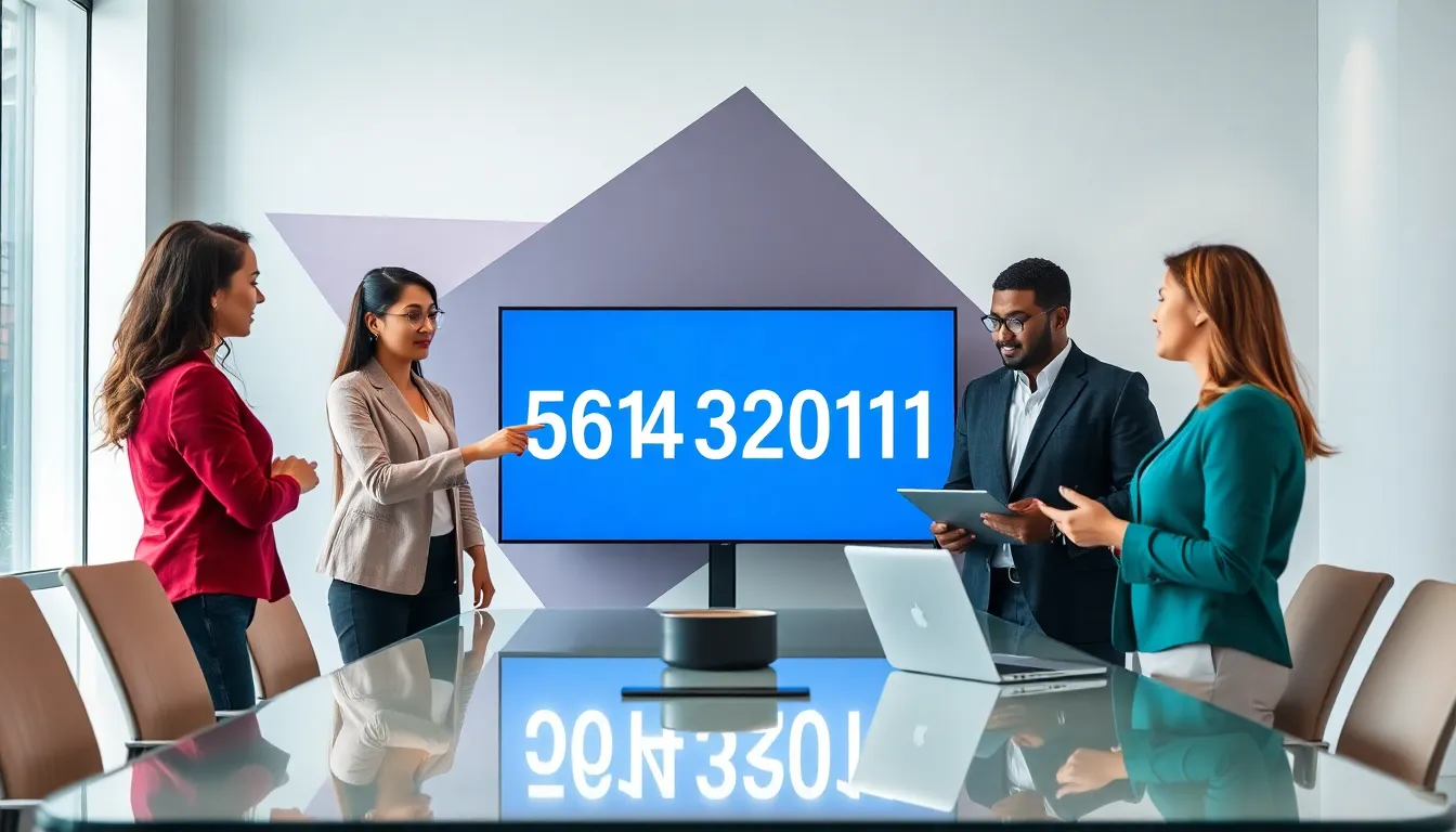 diverse professionals discussing a numerical sequence in a modern office.
