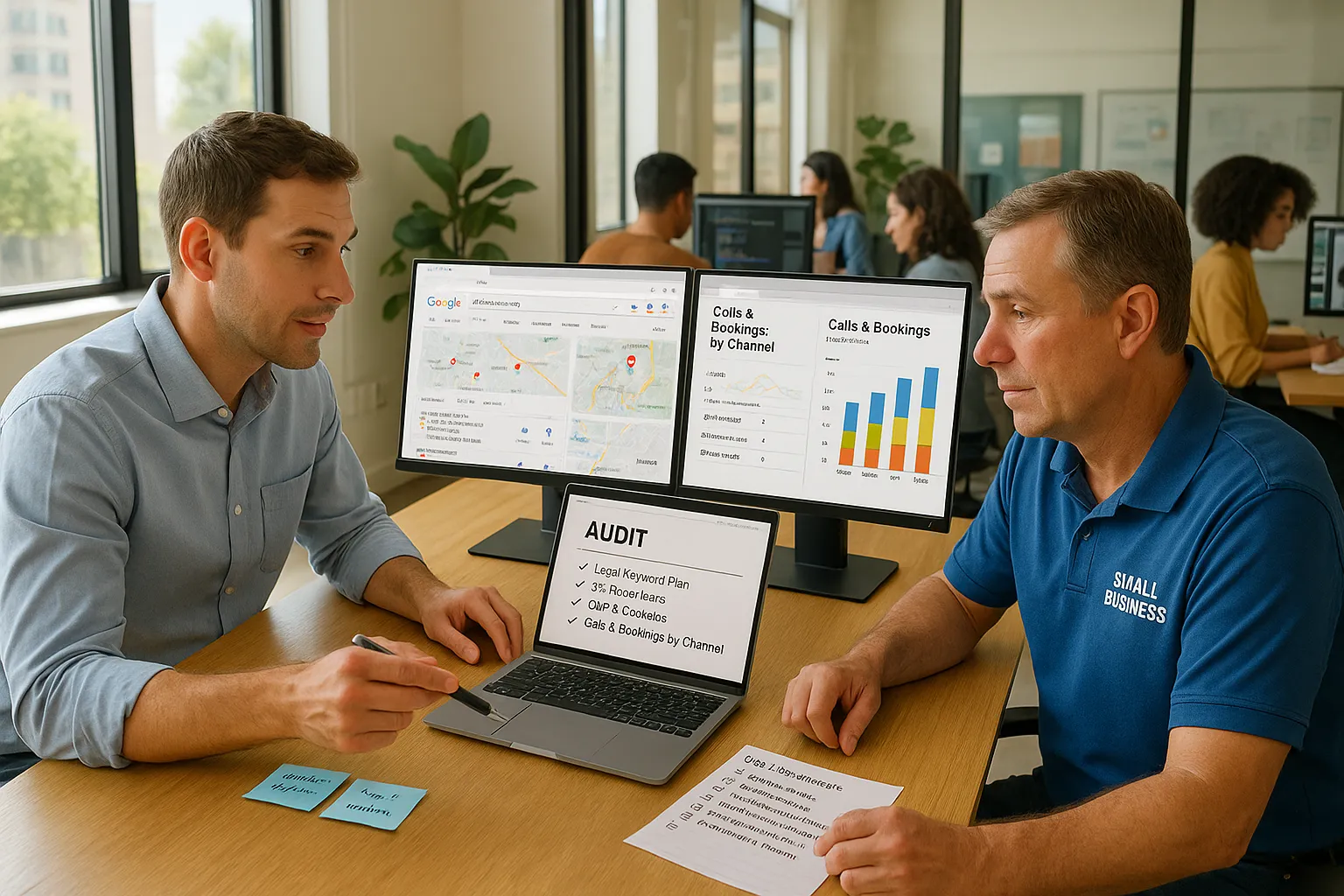 Local SEO consultant reviewing audit and local search results with a small business owner.