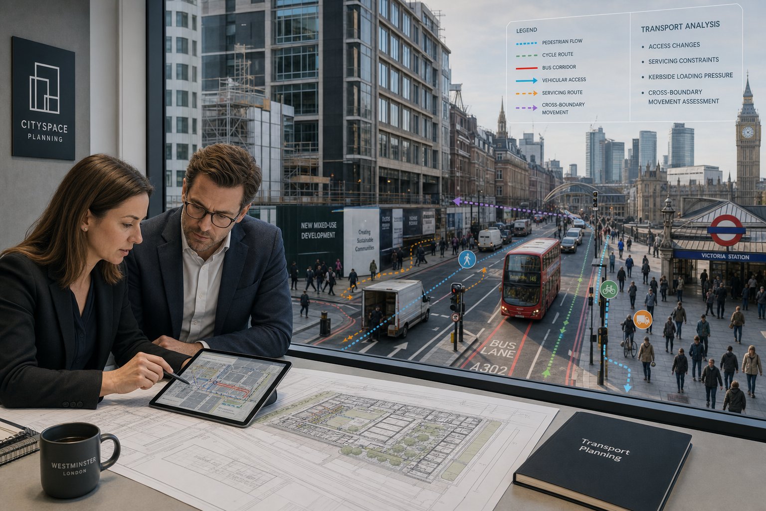 Traffic engineer reviewing Westminster development plans with busy London street outside.