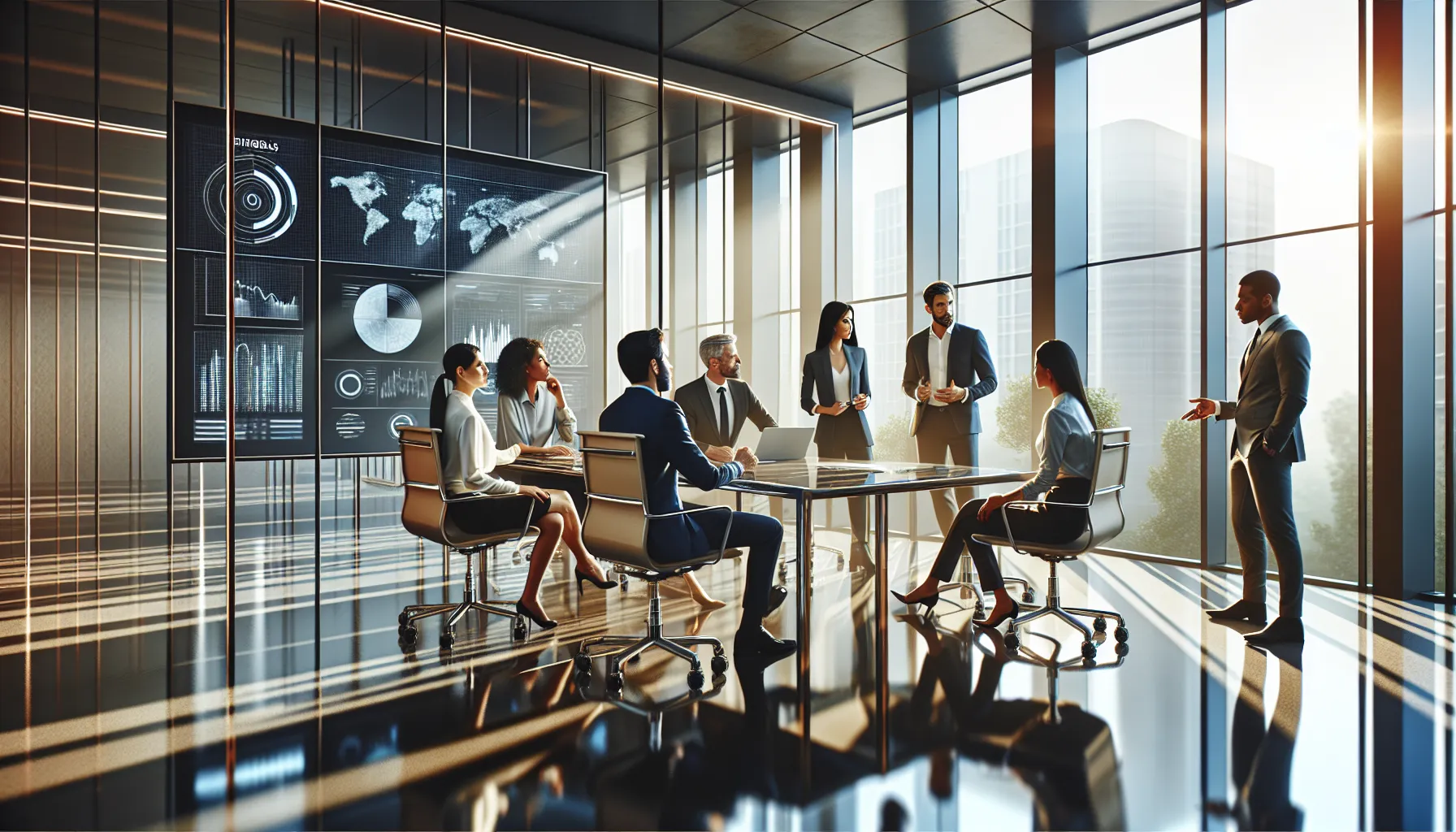 diverse professionals discussing eringimgams in a modern office.