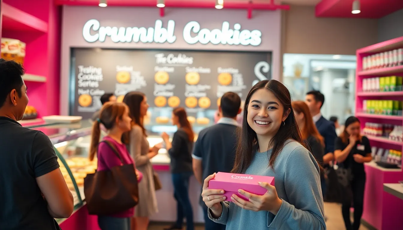 customers enjoying Crumbl Cookies in a bright, modern shop.