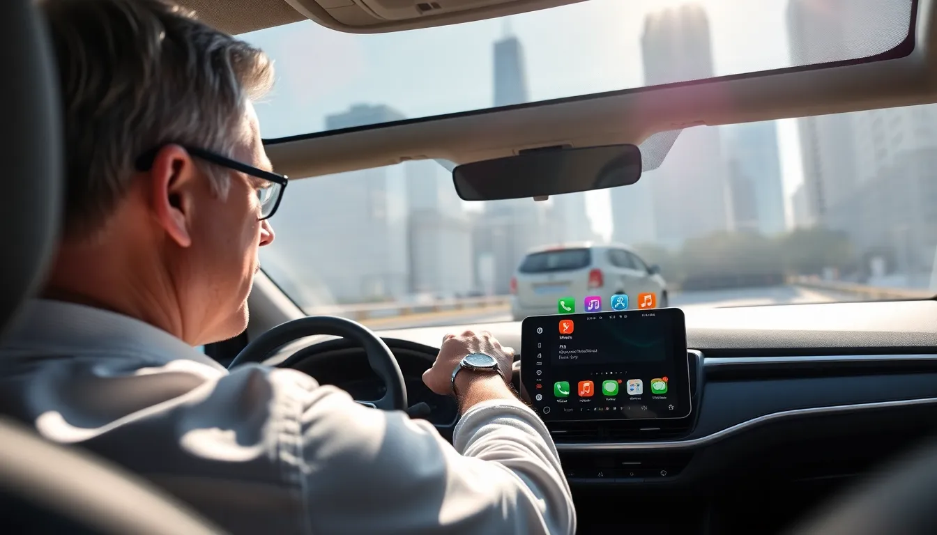 A driver using Apple CarPlay in a modern car interior.