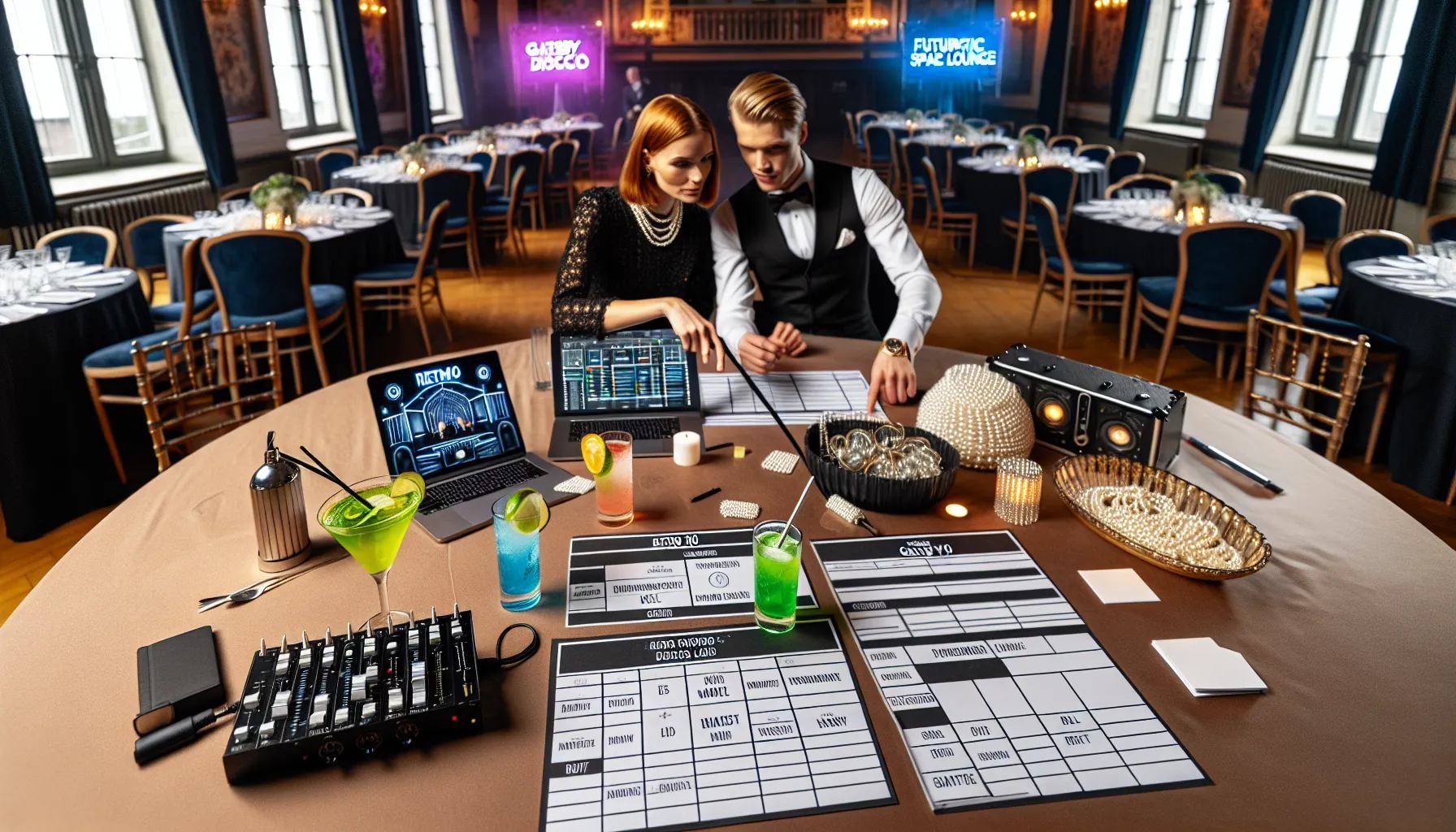 Coworkers plan a themed corporate party with mood boards, lights, and props.